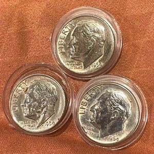 3 Silver Roosevelt Dimes, 1964-Brilliant Coins 90%